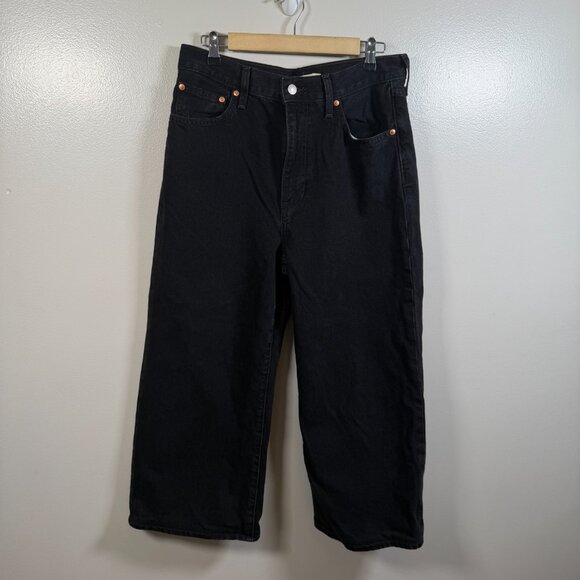Levi's Ribcage Wide Leg Crop Jeans Size 31 Black Denim High Waist Hemmed - Picture 2 of 9